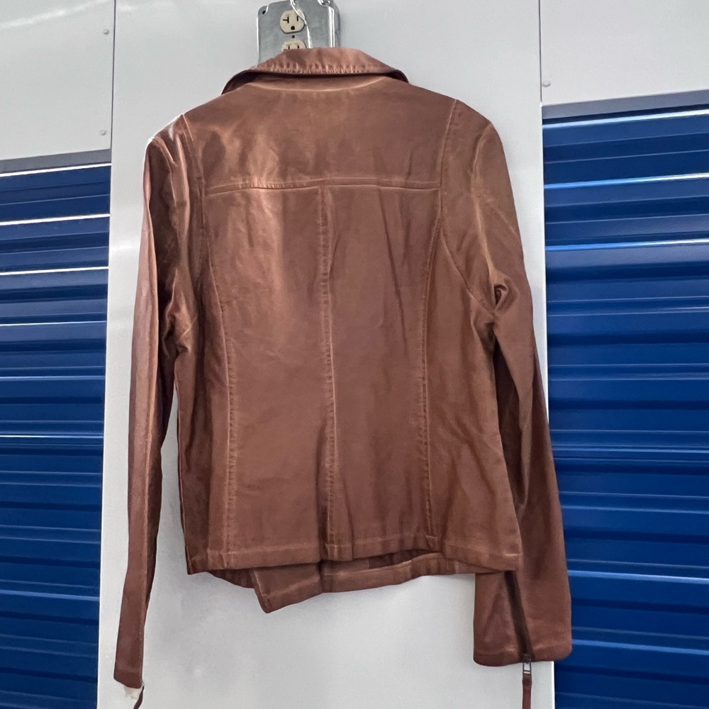Brown Faux Leather Moto Jacket with Asymmetrical Zipper - Picture 2 of 4